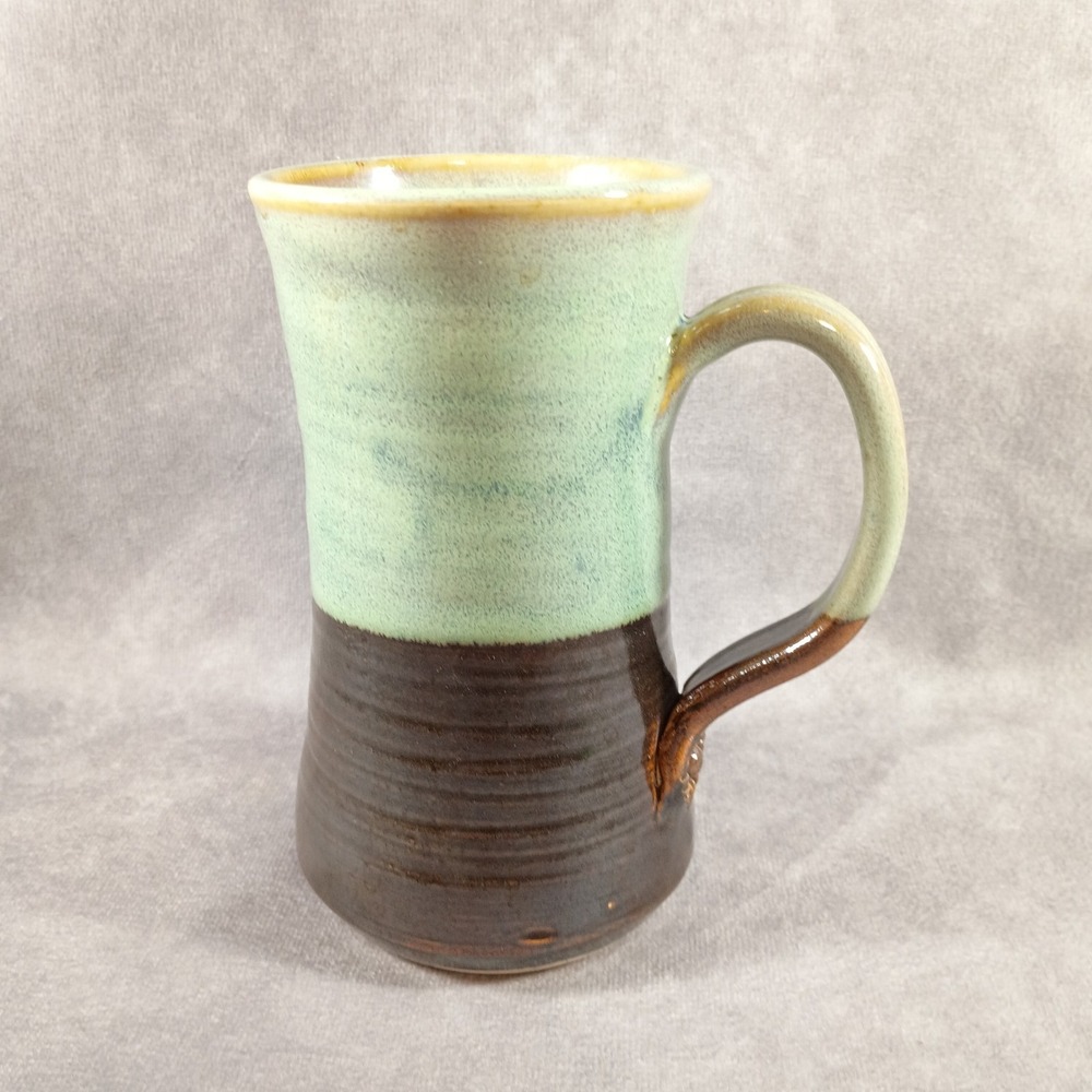 Hand Thrown Studio Art Pottery Mug Celedon & Brown Glazed 16oz Signed 6" Tall - Picture 1 of 9